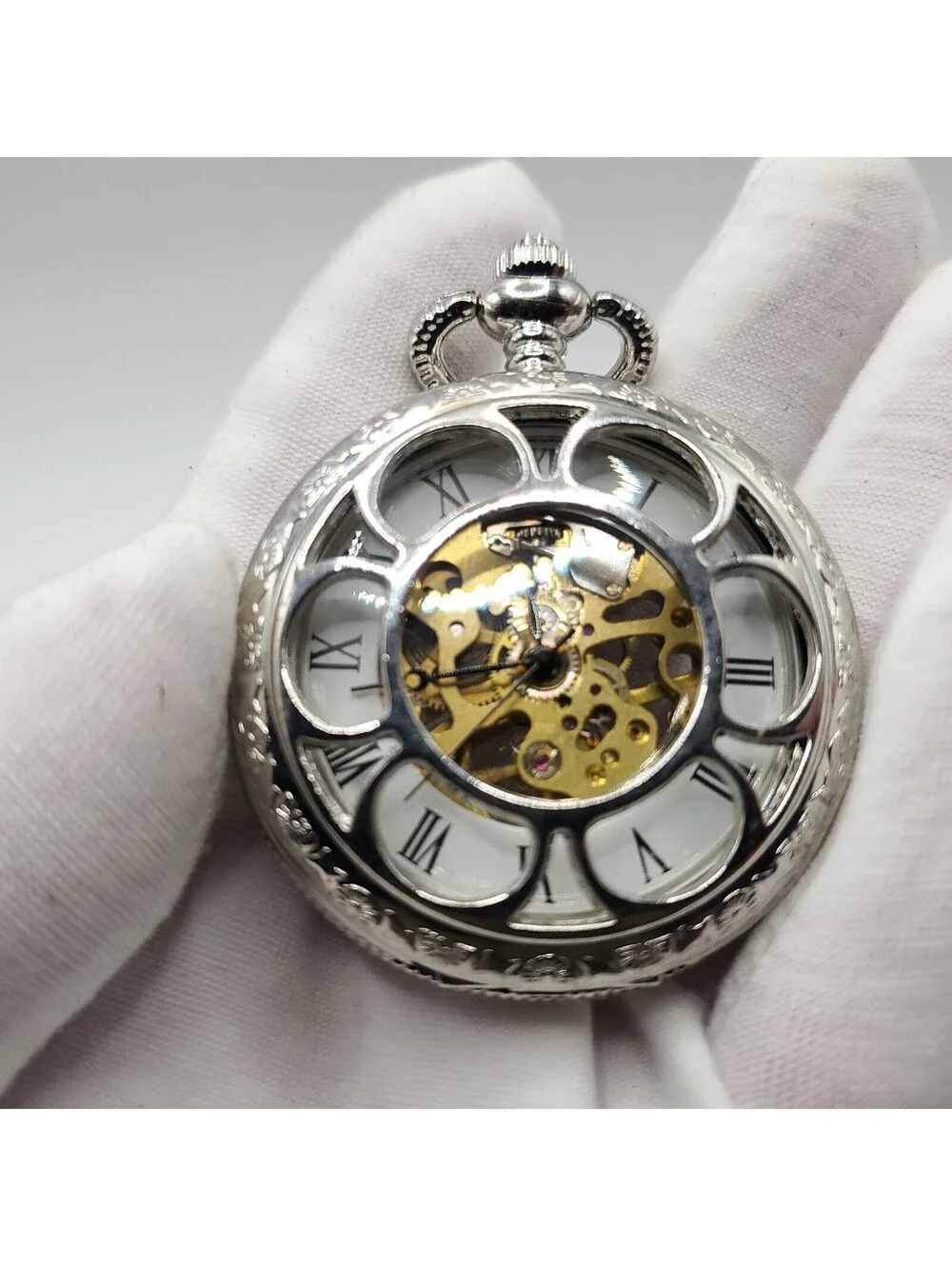 Steam Punk Mechanical Pocket Silver 47mm Pocket Watch With Chain